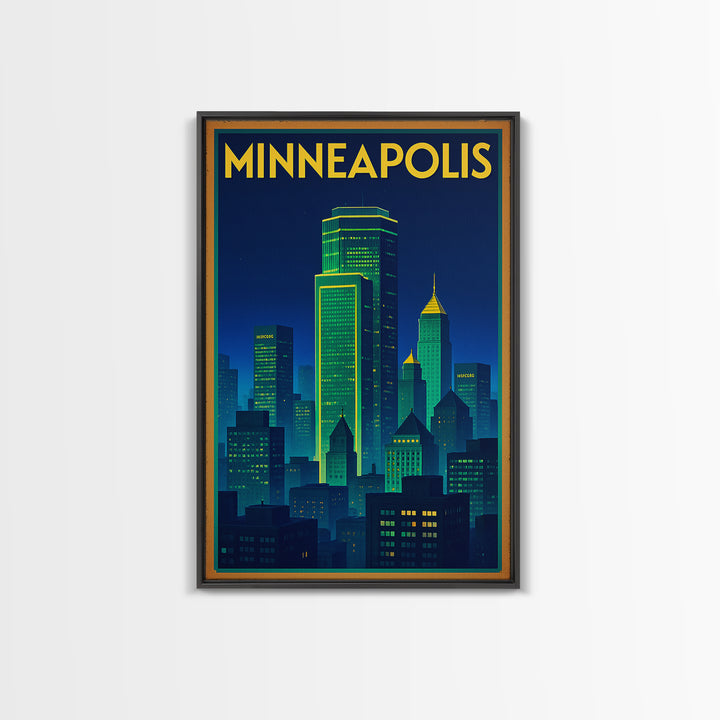 Minneapolis Travel Poster, Framed Canvas Print, Neon Skyline Wall Art, Minneapolis Travel Art, Travel Poster Art, Travel Wall Art