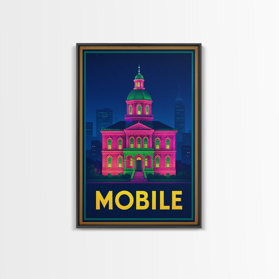 Mobile Alabama Travel Poster, Canvas Print, Retro Neon Travel Art, Mobile Wall Art, Watercolor Skyline, City Illustration, Travel Wall Decor