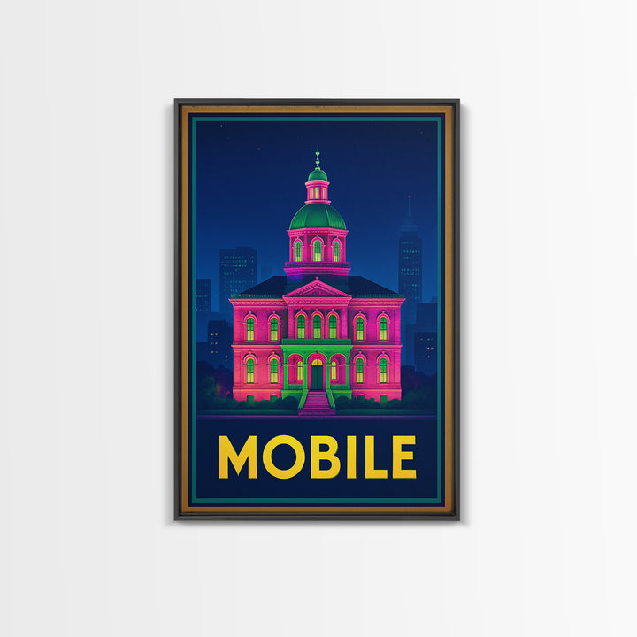 Mobile Alabama Travel Poster, Canvas Print, Retro Neon Travel Art, Mobile Wall Art, Watercolor Skyline, City Illustration, Travel Wall Decor