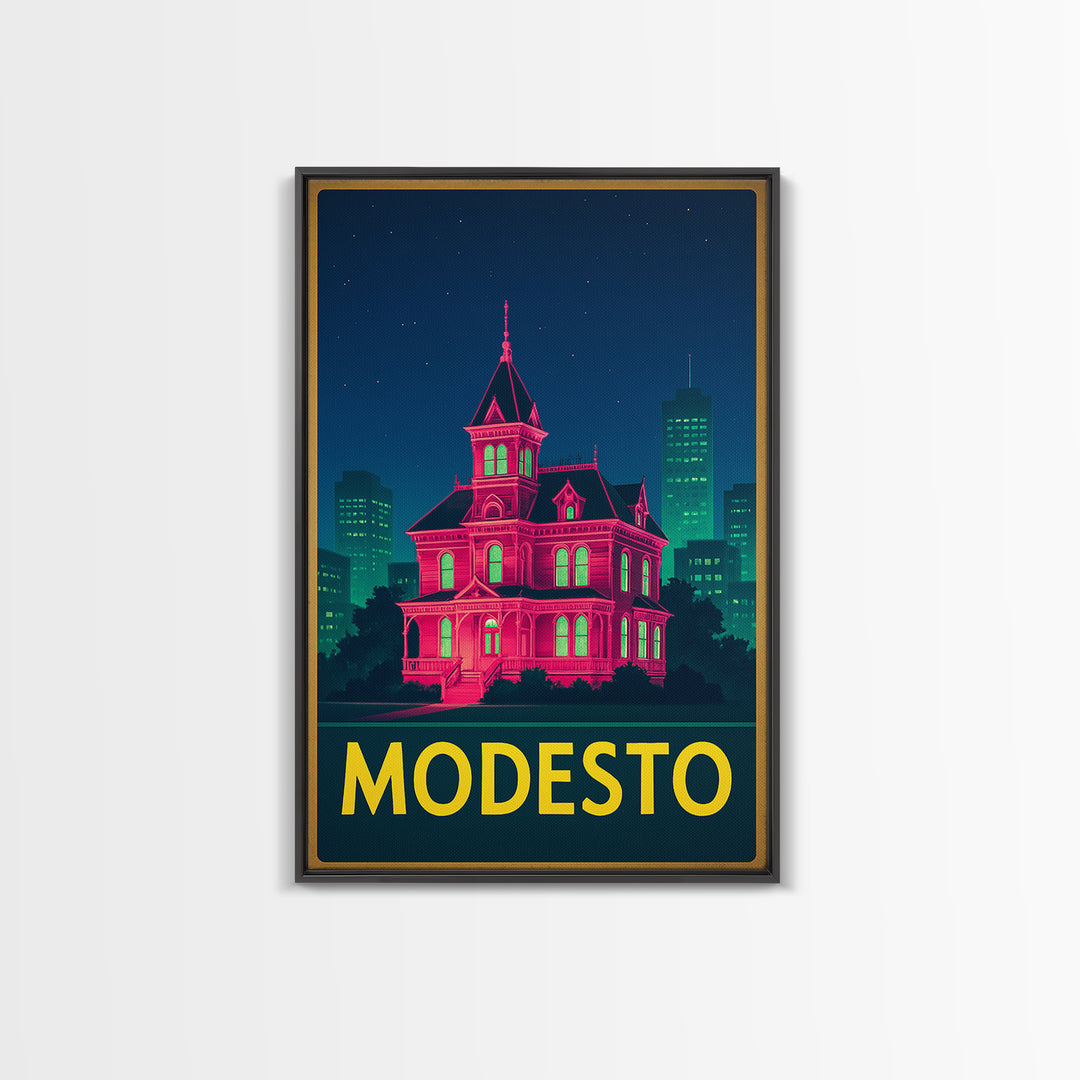 Modesto California Travel Poster, Framed Canvas Print, Cyberpunk Style City Art, Modesto Travel Art, Travel Wall Decor, Wanderlust Decor
