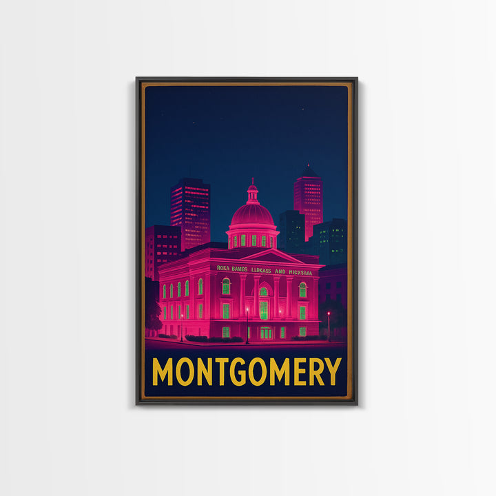 Montgomery Alabama Travel Poster, Canvas Print, Neon Urban Skyline Wall Art, Montgomery Wall Art, Gift For Travelers, Vintage City Art