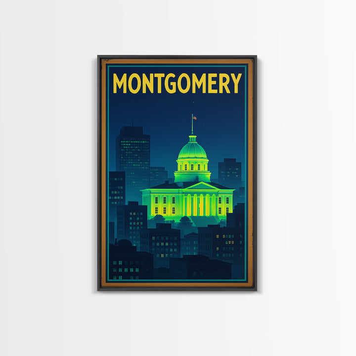 Montgomery Travel Poster, Canvas Print, Neon Downtown Skyline Wall Art, Montgomery City Art, City Illustration, City Travel Prints, Wall Art