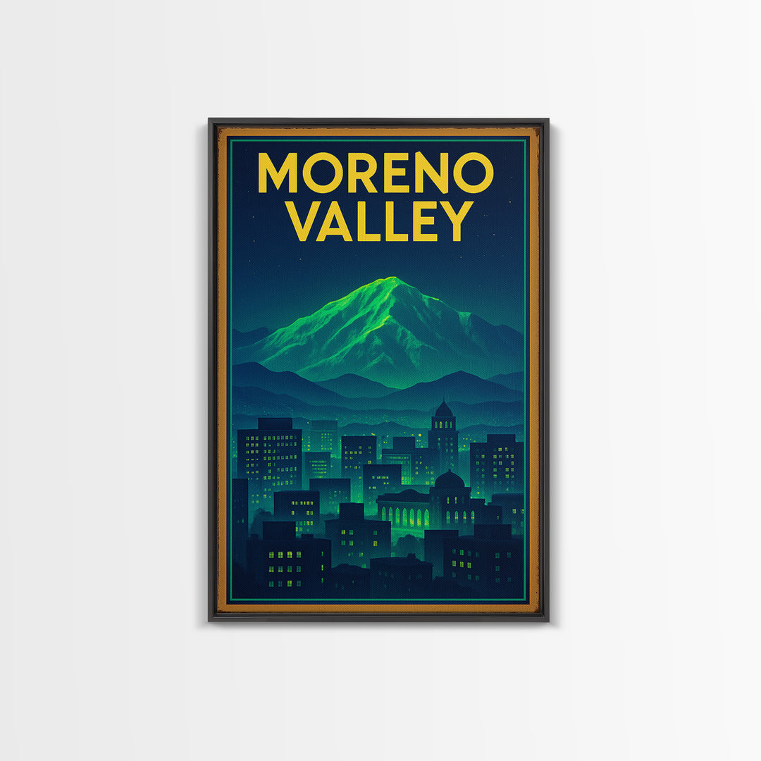 Moreno Valley Travel Poster, Canvas Print, Neon Downtown Skyline Wall Art, Moreno Valley City Art, Vintage Travel Print, Fine Art Print