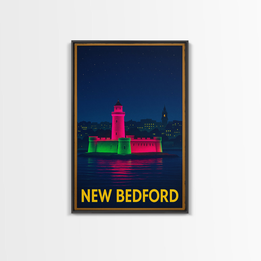 New Bedford Massachusetts Travel Poster, Canvas Print, Neon Downtown Skyline Wall Art, New Bedford Art Print, Wanderlust Decor, Wall Decor