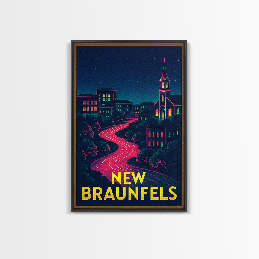 New Braunfels Texas Travel Poster, Canvas Print, Electric Night Poster Art, New Braunfels Travel Art, Travel Wall Decor, City Art Print