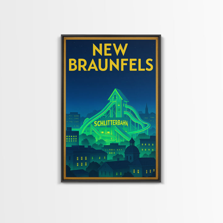 New Braunfels Travel Poster, Canvas Print, Electric Night Poster Art, New Braunfels City Art, Travel Art Print, Watercolor Urban Skyline