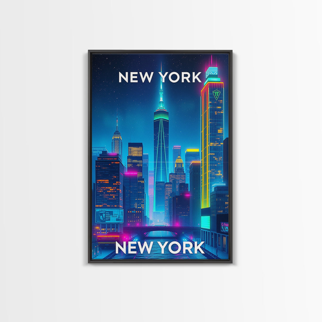 New York City New York Travel Poster, Canvas Print, Neon Skyline Wall Art, New York City Art, City Illustration, Travel Prints, Office Decor