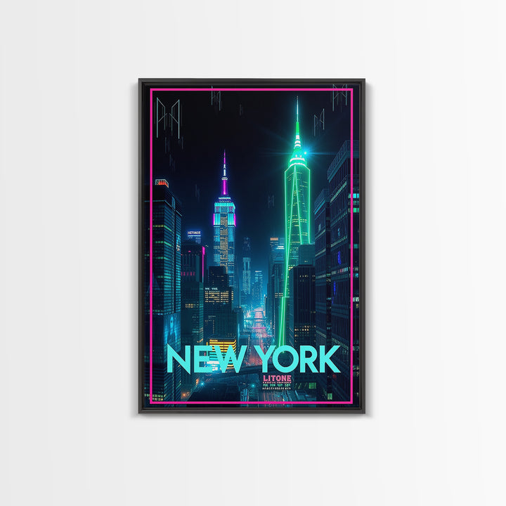 New York Travel Poster, Framed Canvas Print, Electric Night Poster Art, New York Wall Art, Travel Poster Art, Fine Art Print, Design 14