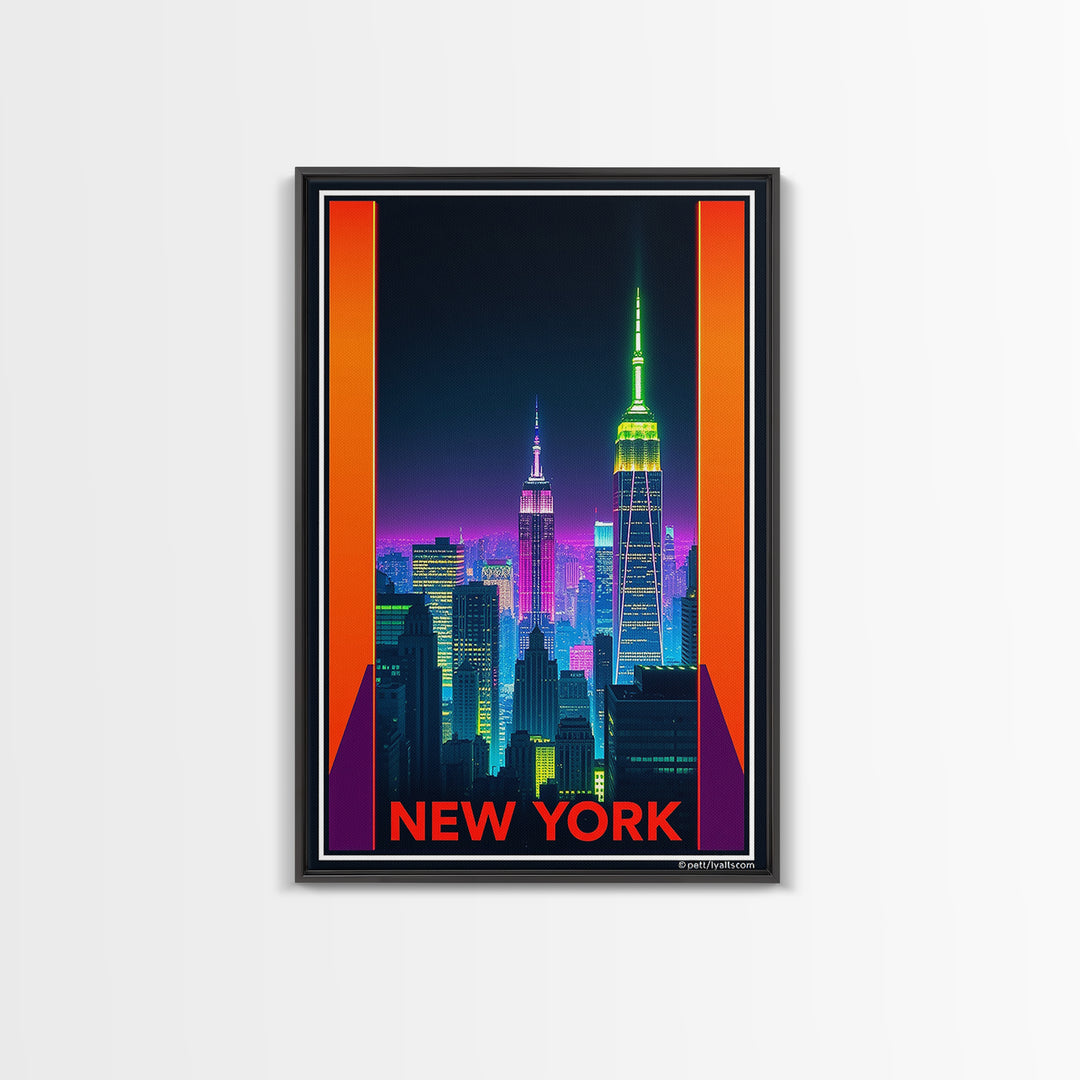 New York Travel Poster, Framed Canvas Print, Neon Skyline Art Wall Art, New York Travel Art, Vintage City Poster, Vintage City Art