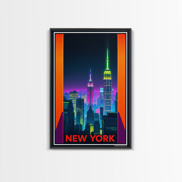 New York Travel Poster, Framed Canvas Print, Neon Skyline Art Wall Art, New York Travel Art, Vintage City Poster, Vintage City Art