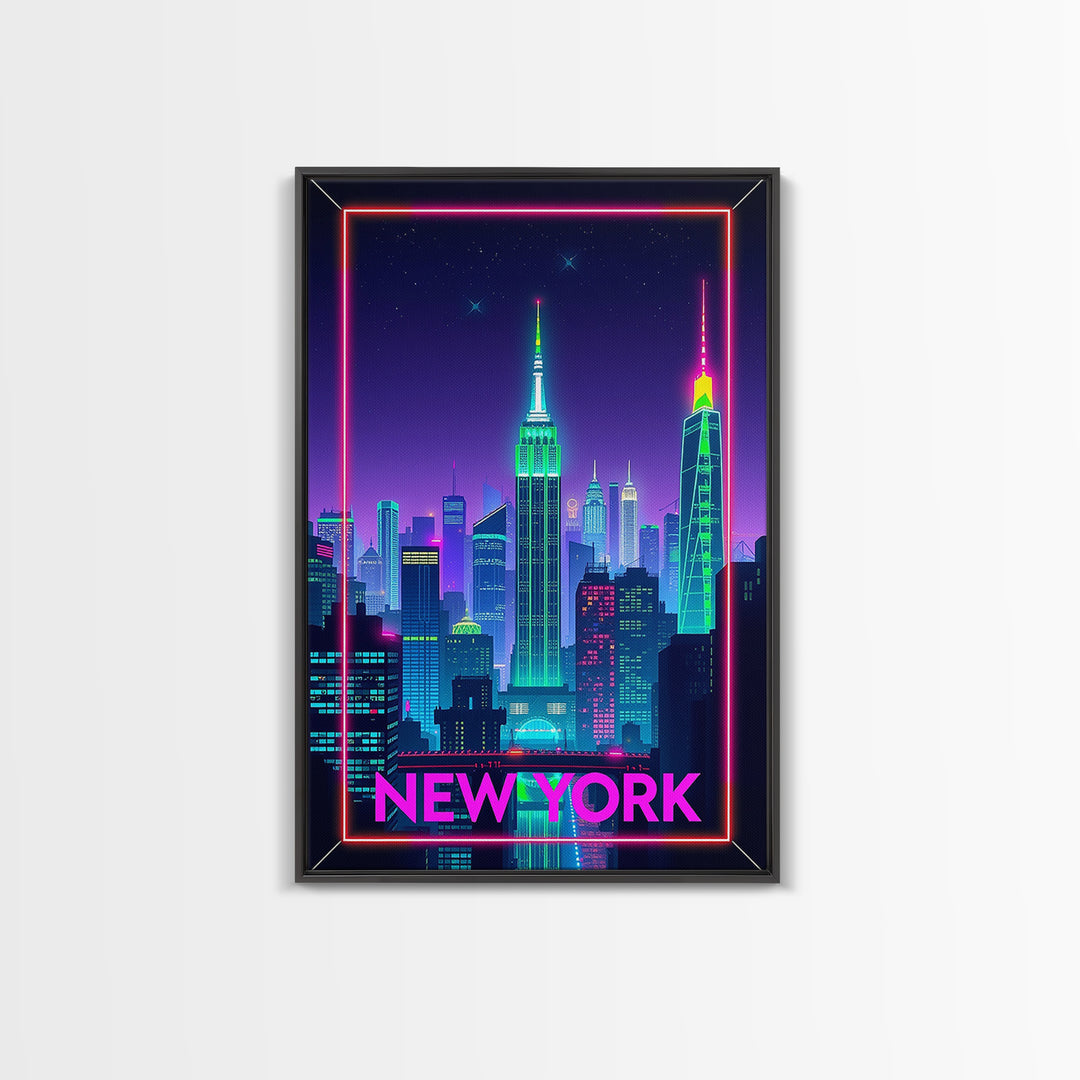 New York Travel Poster, Framed Canvas Print, Electric Night Poster Art, New York Art Print, Living Room Wall Art, Travel Poster Art