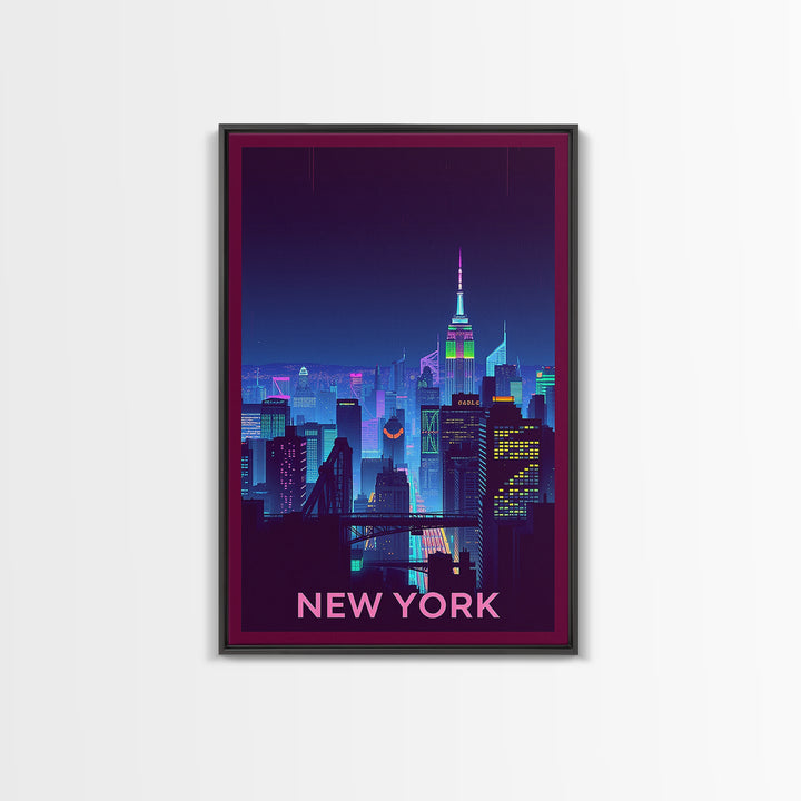 New York Travel Poster, Framed Canvas Print, Retro Neon Travel Art, New York City Art, City Illustration, Travel Poster Art, City Poster