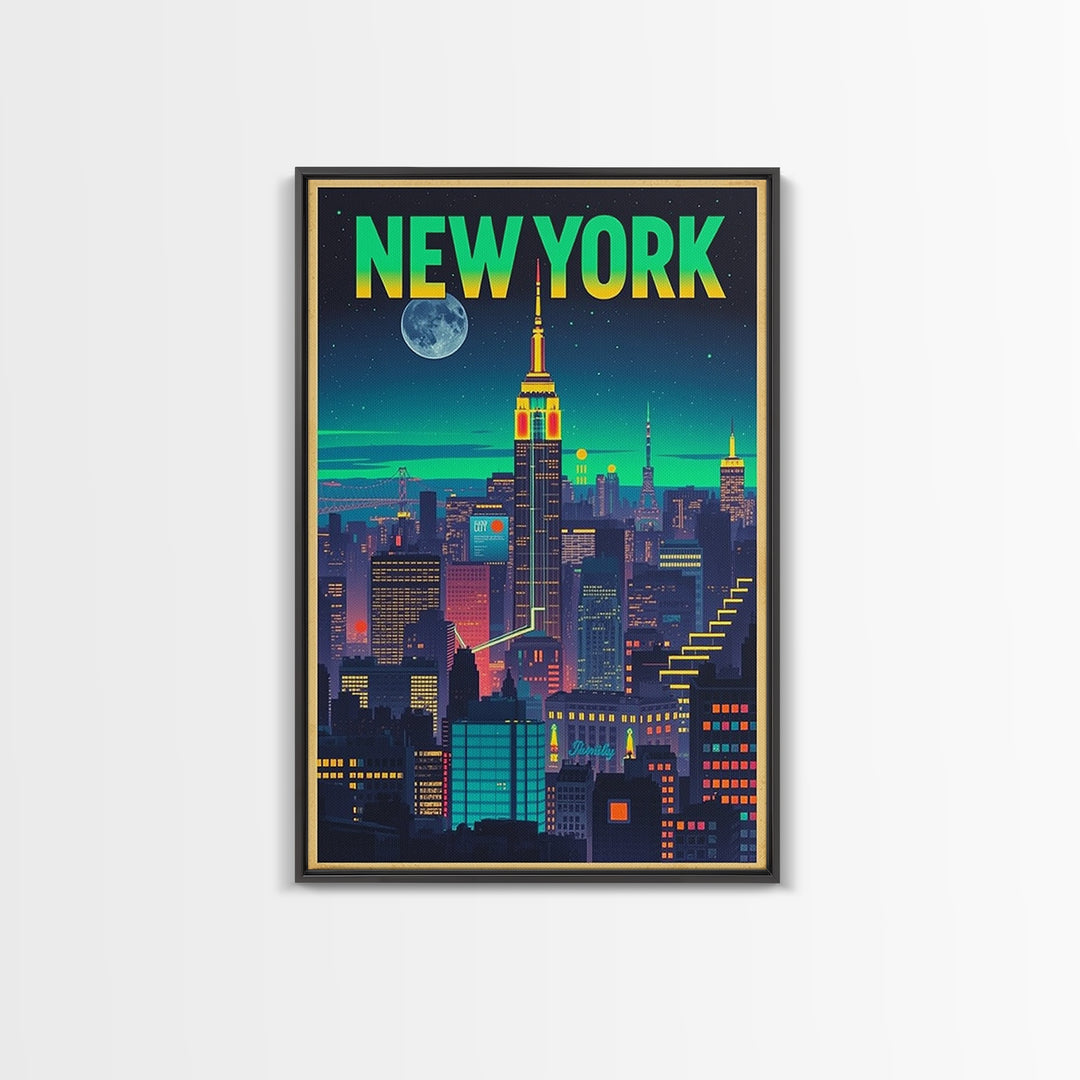 New York Travel Poster, Canvas Print, Retro Neon Travel Art, New York City Art, Travel Wall Art, Mid Century Wall Art, Vintage Travel Print