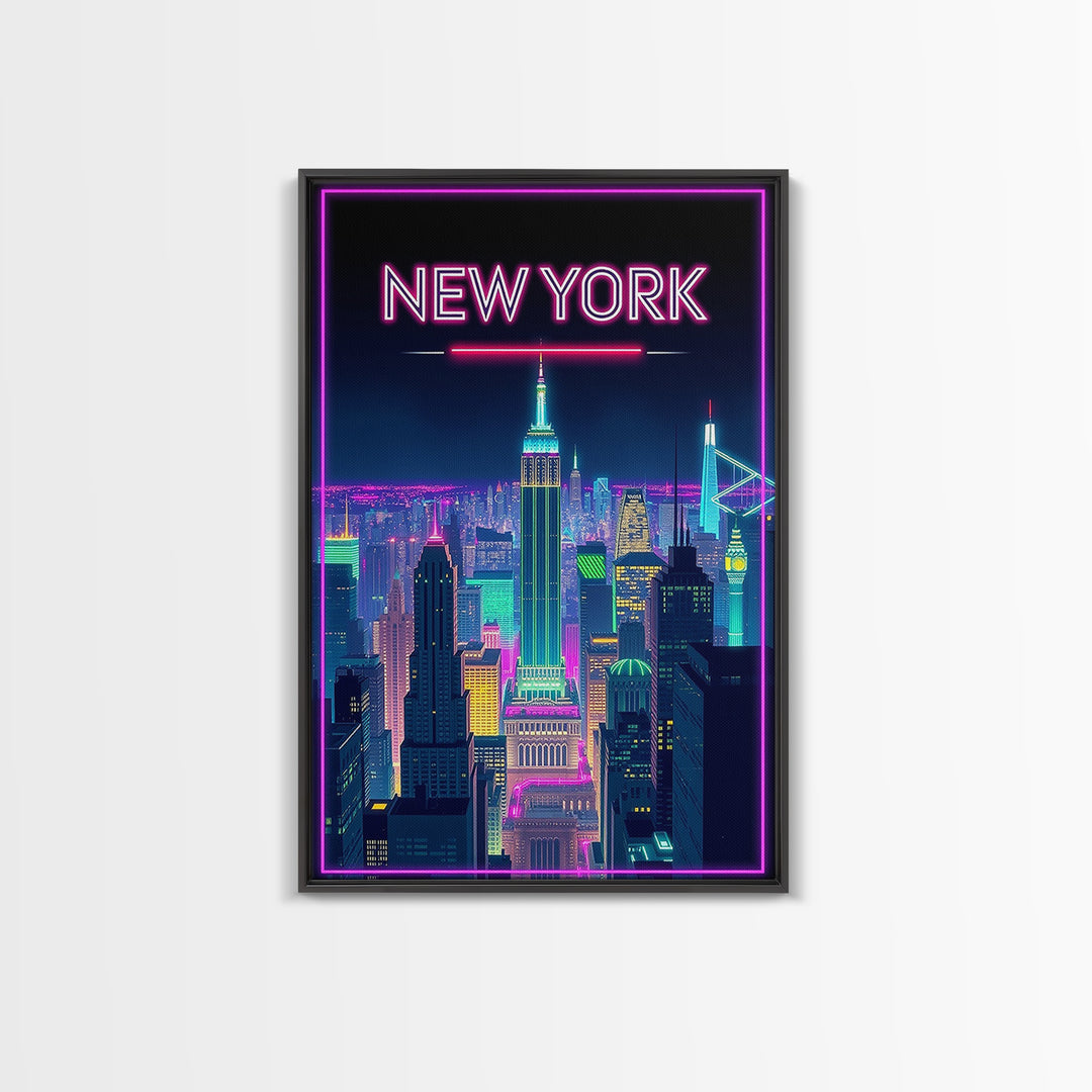New York Travel Poster, Canvas Print, Retro Neon Travel Art, New York Travel Art, Eclectic Wall Decor, Mid Century Wall Art, Travel Gift