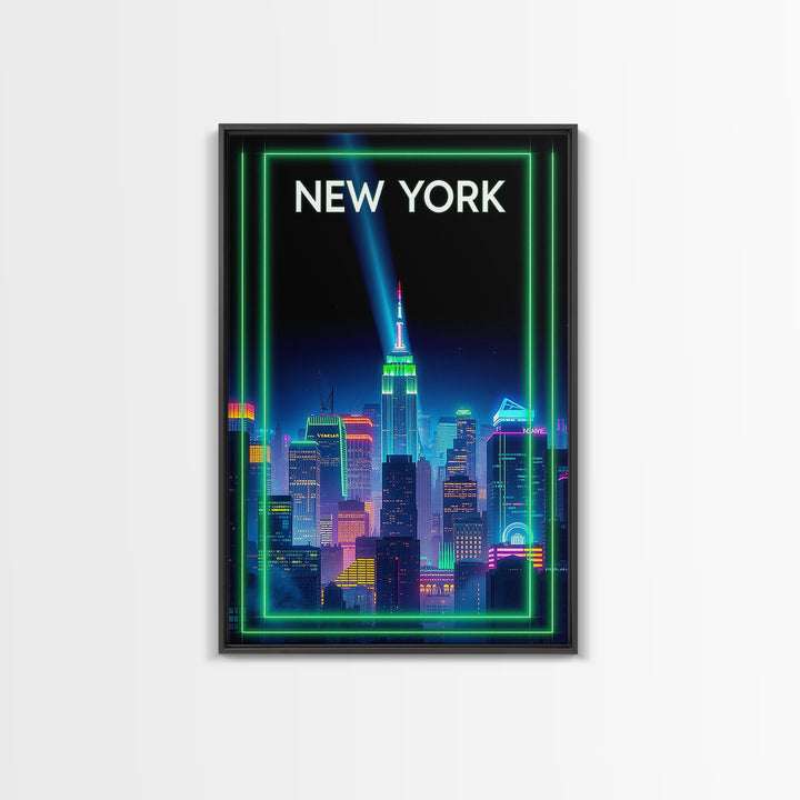New York Travel Poster, Framed Canvas Print, Retro Neon Travel Art, New York Wall Art, Vintage City Art, Vintage Travel Print, Design 3