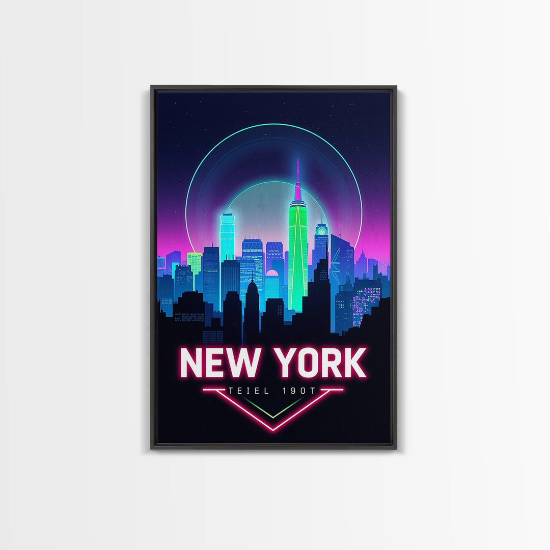New York Travel Poster, Framed Canvas Print, Cyberpunk Style City Art, New York City Art, Living Room Wall Art, Travel Wall Decor