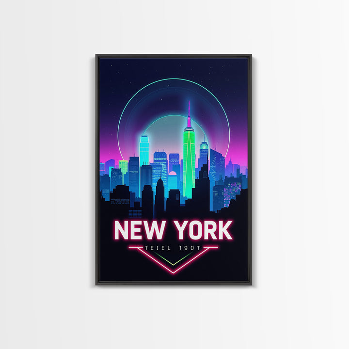 New York Travel Poster, Framed Canvas Print, Cyberpunk Style City Art, New York City Art, Living Room Wall Art, Travel Wall Decor