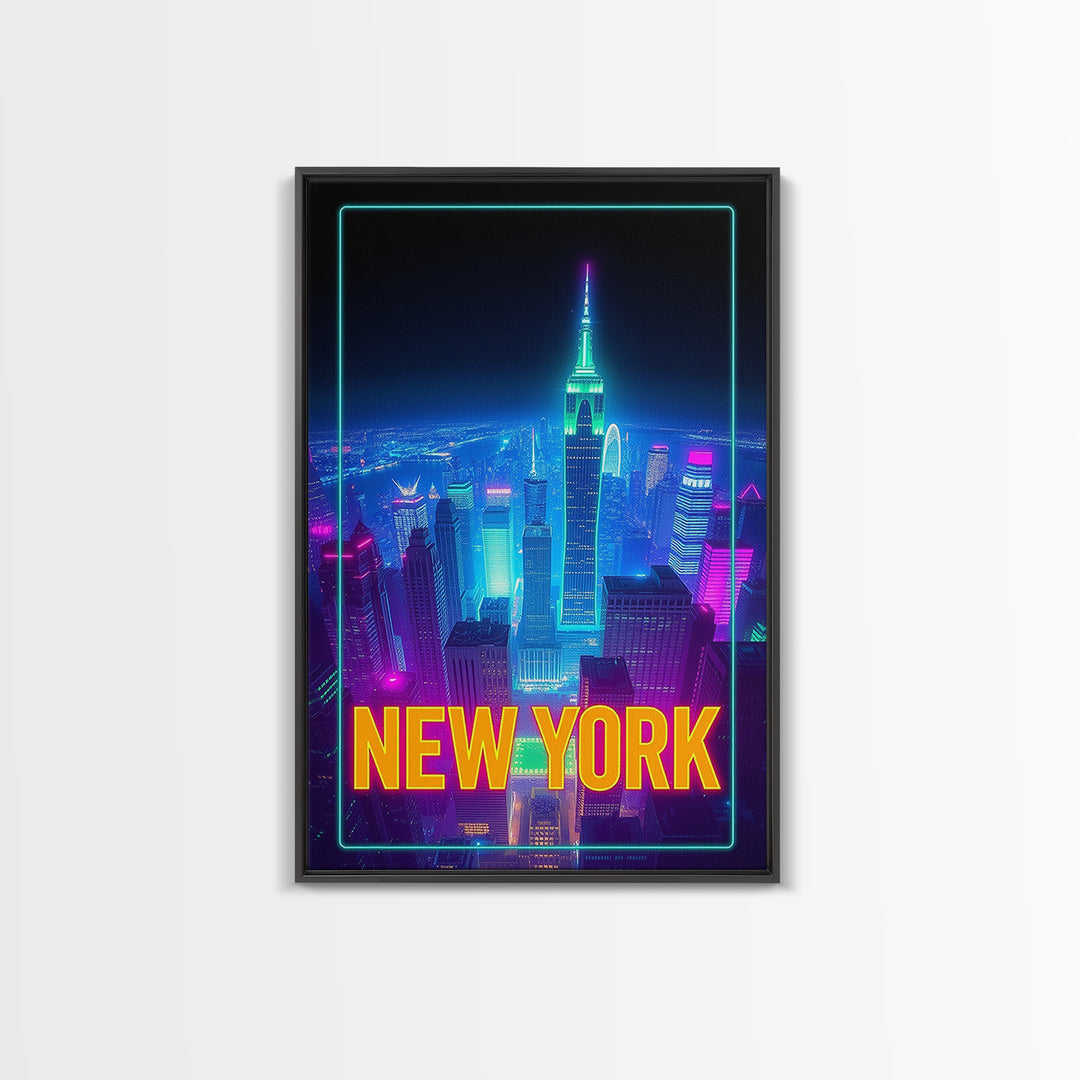 New York Travel Poster, Canvas Print, Neon Cityscape Wall Art, New York Wall Art, City Illustration, Mid Century Wall Art, City Art Print