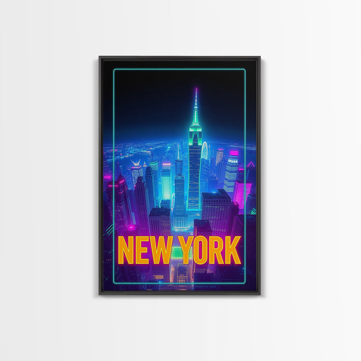 New York Travel Poster, Canvas Print, Neon Cityscape Wall Art, New York Wall Art, City Illustration, Mid Century Wall Art, City Art Print
