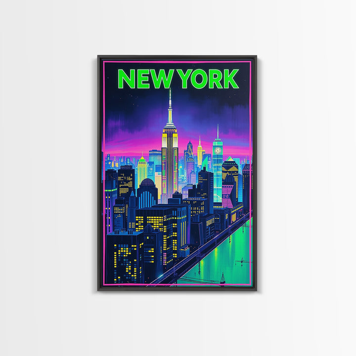 New York Travel Poster, Framed Canvas Print, Retro Neon Travel Art, New York Art Print, City Travel Prints, Fine Art Print, Art Print
