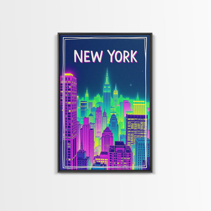 New York Travel Poster, Canvas Print, Neon Downtown Skyline Wall Art, New York City Art, Wanderlust Decor, Travel Wall Decor, Wall Decor