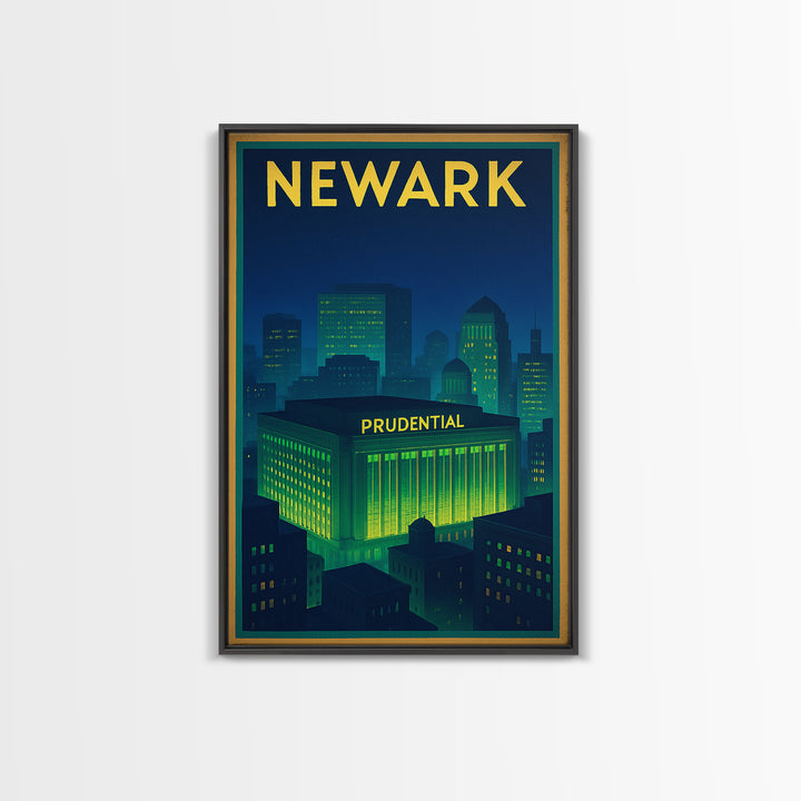 Newark Travel Poster, Framed Canvas Print, Electric Night Poster Art, Newark Wall Art, City Illustration, Vintage Travel Print