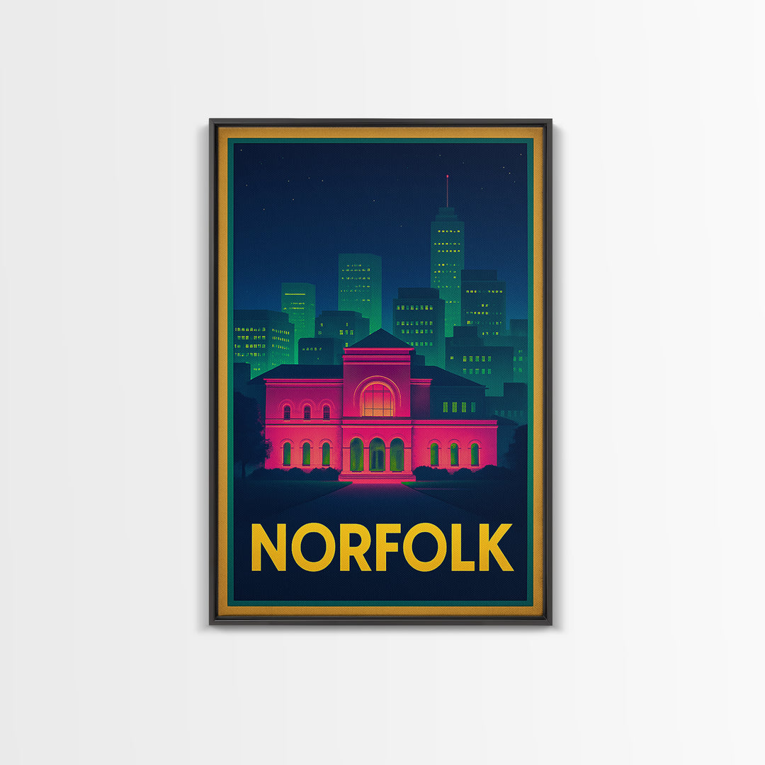 Norfolk Virginia Travel Poster, Canvas Print, Retro Neon Travel Art, Norfolk Art Print, Office Decor, Gift For Travelers, Travel Poster Art