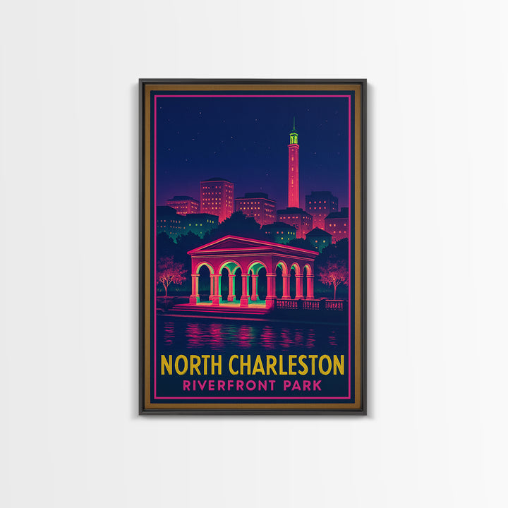 North Charleston South Carolina Travel Poster, Canvas Print, Neon Cityscape Wall Art, North Charleston Poster Print, City Illustration
