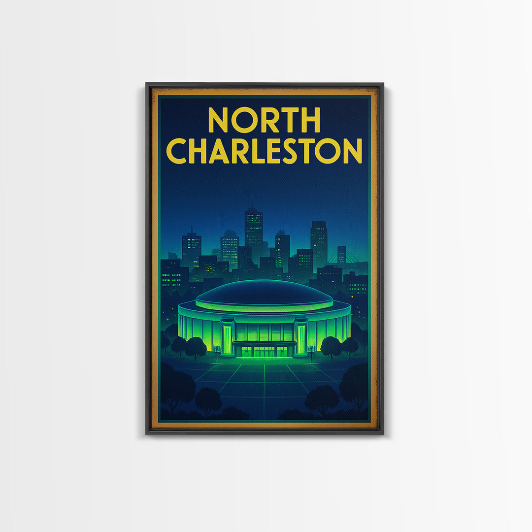 North Charleston Travel Poster, Canvas Print, Retro Neon Travel Art, North Charleston Wall Art, Travel Wall Art, City Illustration