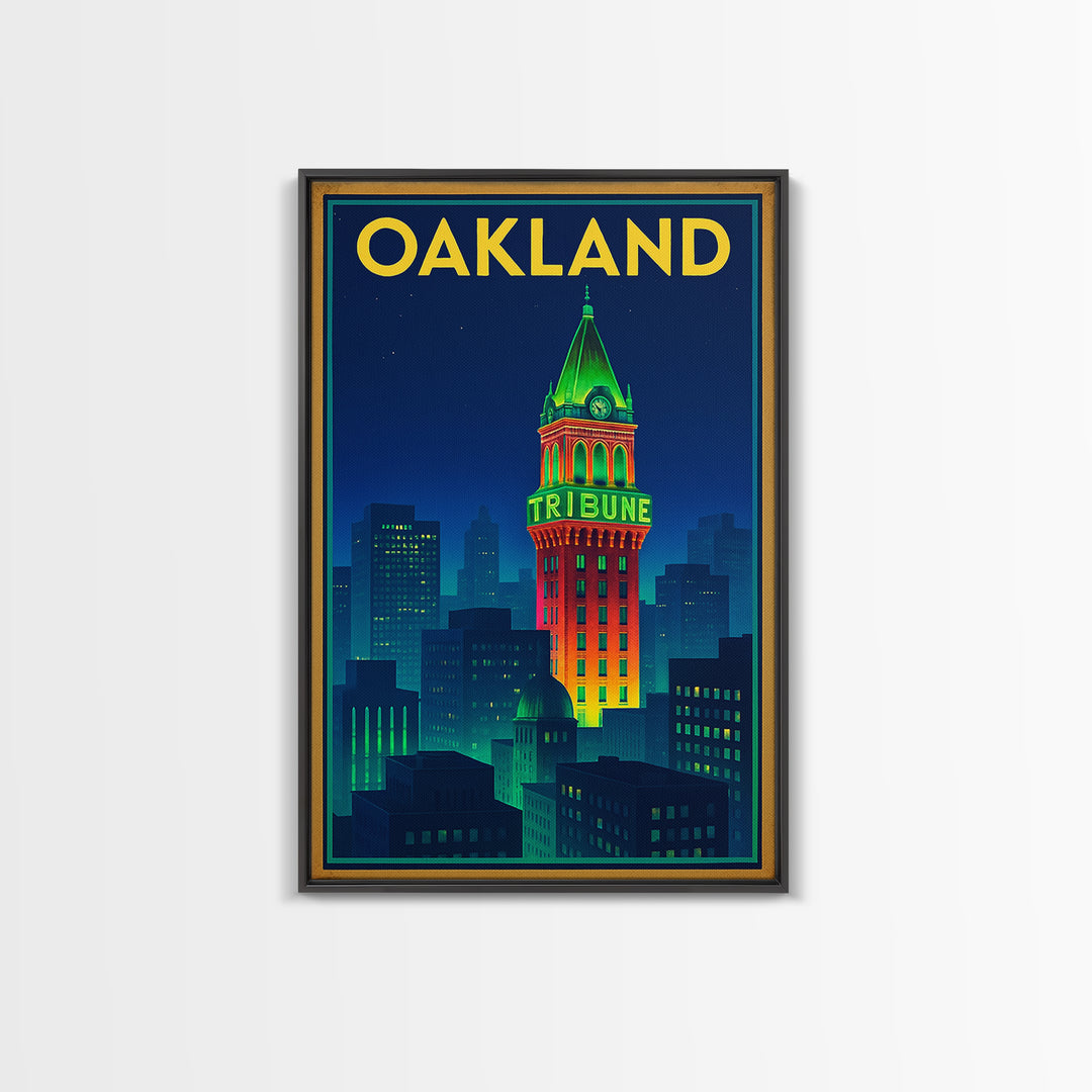 Oakland Travel Poster, Framed Canvas Print, Cyberpunk Style City Art, Oakland Poster Print, Travel Wall Decor, Wanderlust Decor