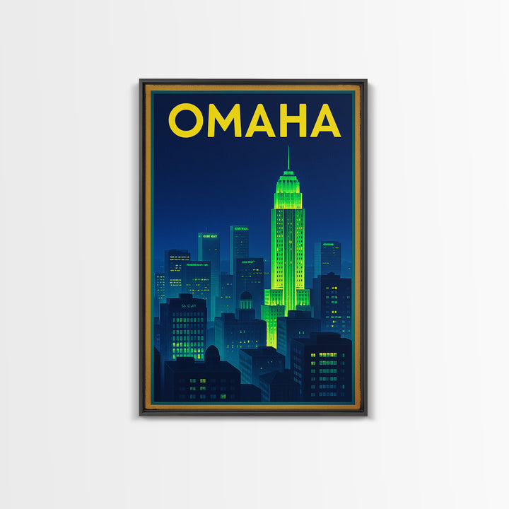 Omaha Travel Poster, Framed Canvas Print, Electric Night Poster Art, Omaha City Art, Travel Wall Decor, Mid Century Wall Art, Art Print