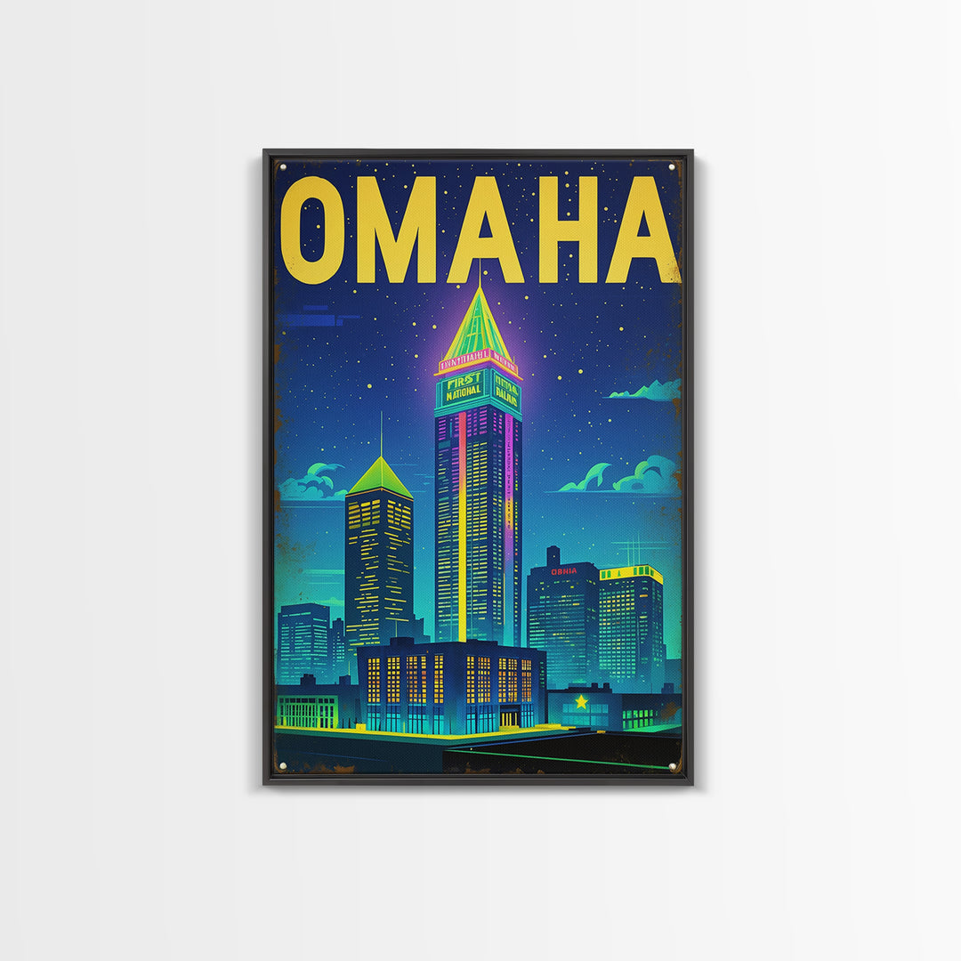 Omaha Travel Poster, Framed Canvas Print, Retro Neon Travel Art, Omaha Travel Art, Eclectic Wall Decor, City Art Print, Fine Art Print