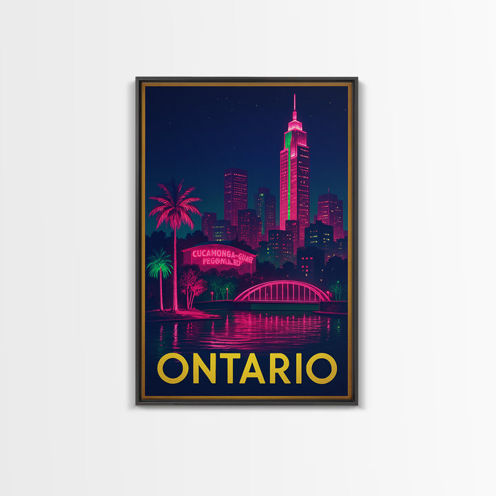 Ontario California Travel Poster, Canvas Print, Neon Urban Skyline Wall Art, Ontario City Art, Office Decor, City Illustration, City Poster
