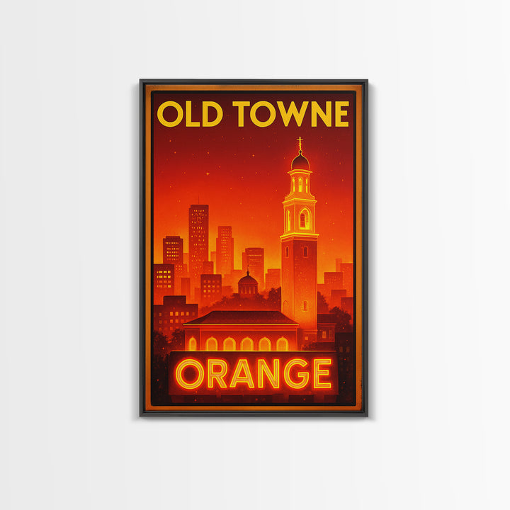Orange Travel Poster, Framed Canvas Print, Retro Neon Travel Art, Orange Travel Art, Watercolor Downtown Skyline, Travel Poster Set