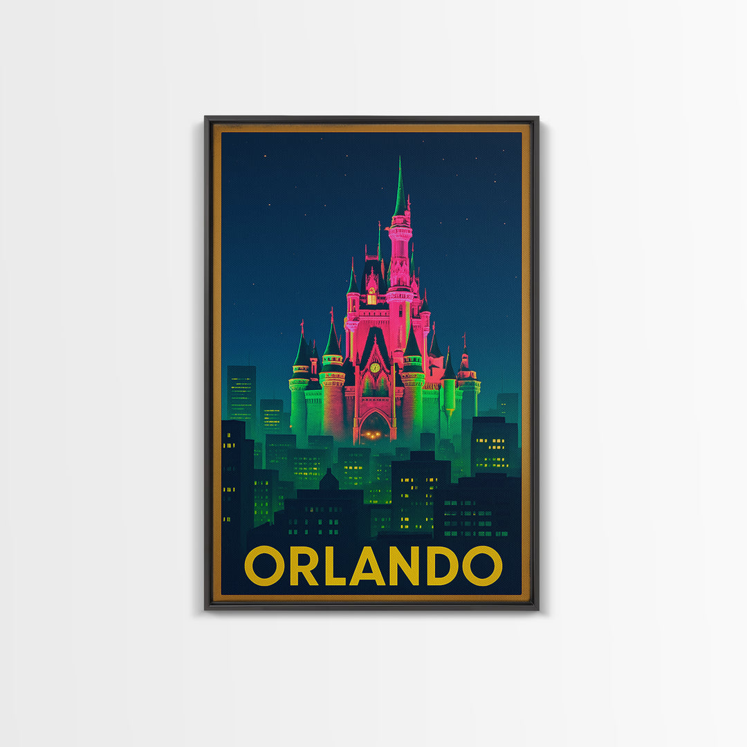 Orlando Florida Travel Poster, Canvas Print, Neon Urban Skyline Wall Art, Orlando Wall Art, Home Office Decor, Retro Travel Print, Art Print