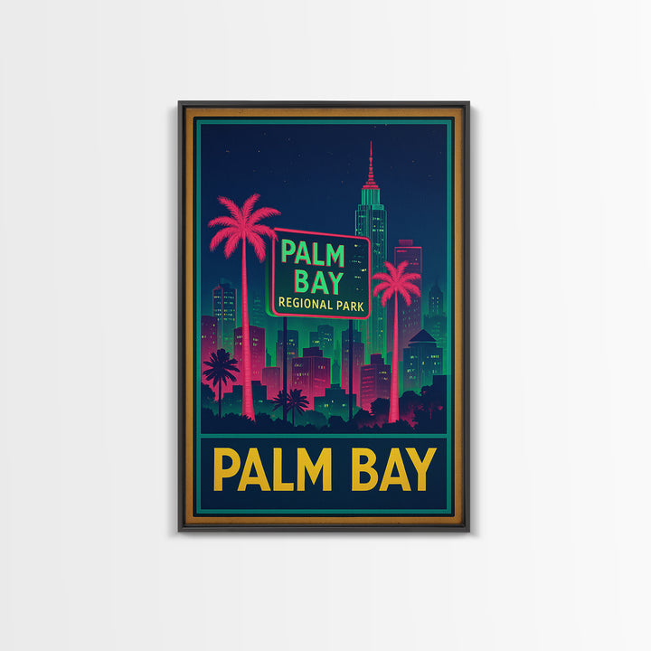 Palm Bay Florida Travel Poster, Framed Canvas Print, Neon Skyline Wall Art, Palm Bay Travel Art, Vintage Travel Art, City Travel Prints