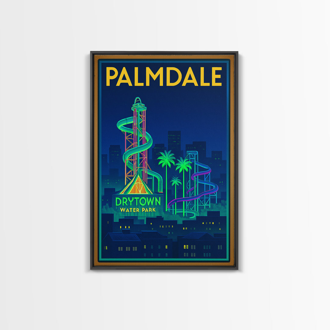 Palmdale Travel Poster, Framed Canvas Print, Neon Skyline Wall Art, Palmdale City Art, Vintage City Art, Mid Century Wall Art