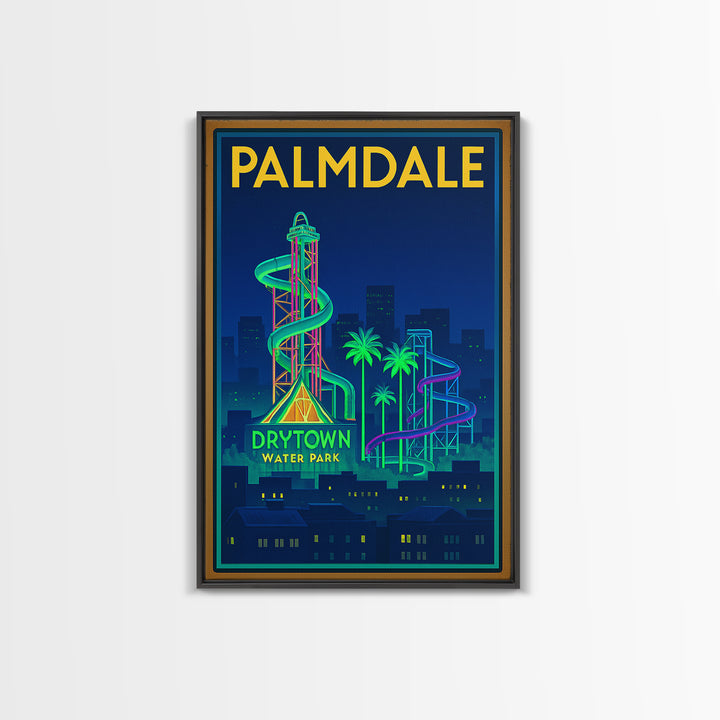 Palmdale Travel Poster, Framed Canvas Print, Neon Skyline Wall Art, Palmdale City Art, Vintage City Art, Mid Century Wall Art