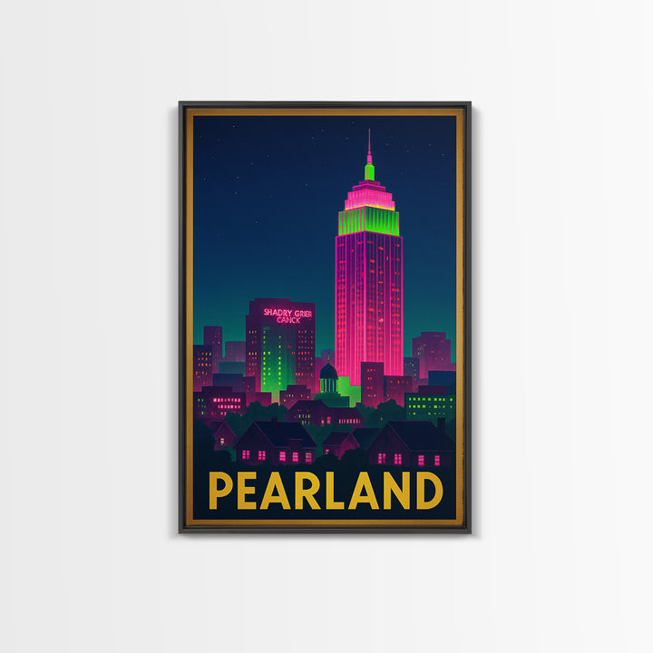 Pearland Texas Travel Poster, Canvas Print, Cyberpunk Style City Art, Pearland Travel Art, Mid Century Wall Art, Retro Travel Print