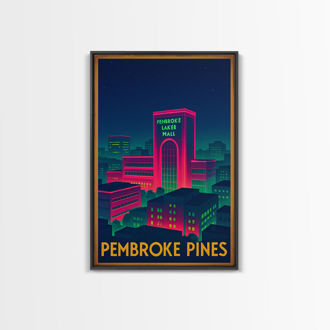 Pembroke Pines Florida Travel Poster, Canvas Print, Retro Neon Travel Art, Pembroke Pines Art Print, Home Office Decor, City Art Print