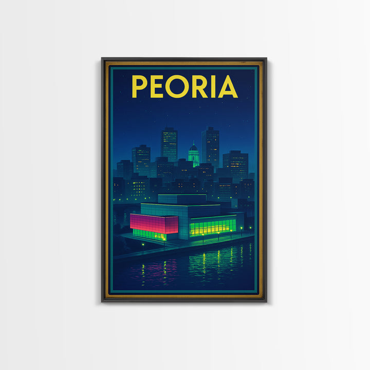 Peoria Travel Poster, Canvas Print, Retro Neon Travel Art, Peoria Art Print, Watercolor Skyline, City Art Print, Living Room Wall Art