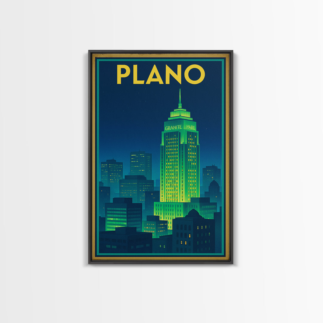 Plano Travel Poster, Framed Canvas Print, Electric Night Poster Art, Plano Travel Art, Watercolor Urban Skyline, Modern Wall Decor