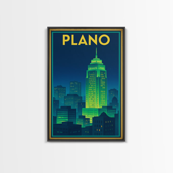 Plano Travel Poster, Framed Canvas Print, Electric Night Poster Art, Plano Travel Art, Watercolor Urban Skyline, Modern Wall Decor