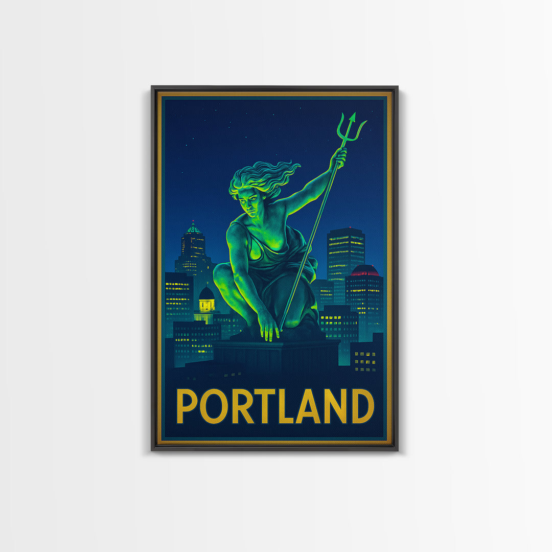 Portland Oregon Travel Poster, Framed Canvas Print, Retro Neon Travel Art, Portland Travel Art, Home Office Decor, Retro Travel Print