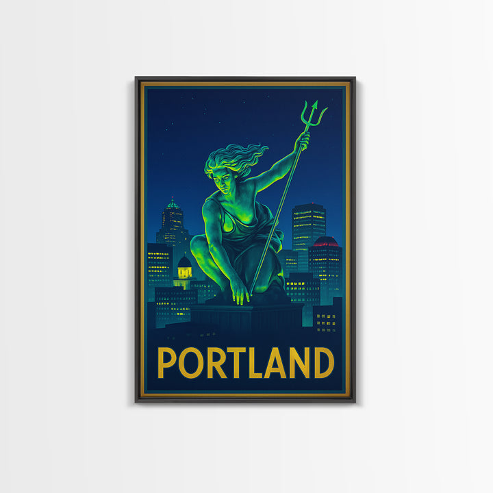 Portland Oregon Travel Poster, Framed Canvas Print, Retro Neon Travel Art, Portland Travel Art, Home Office Decor, Retro Travel Print