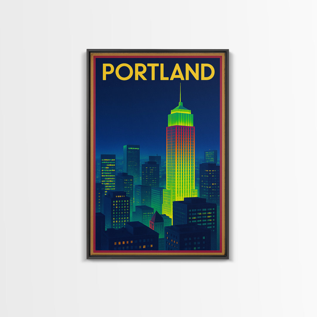 Portland Travel Poster, Framed Canvas Print, Cyberpunk Style City Art, Portland Wall Art, Fine Art Print, Watercolor Skyline
