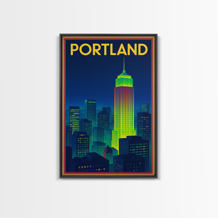 Portland Travel Poster, Framed Canvas Print, Cyberpunk Style City Art, Portland Wall Art, Fine Art Print, Watercolor Skyline