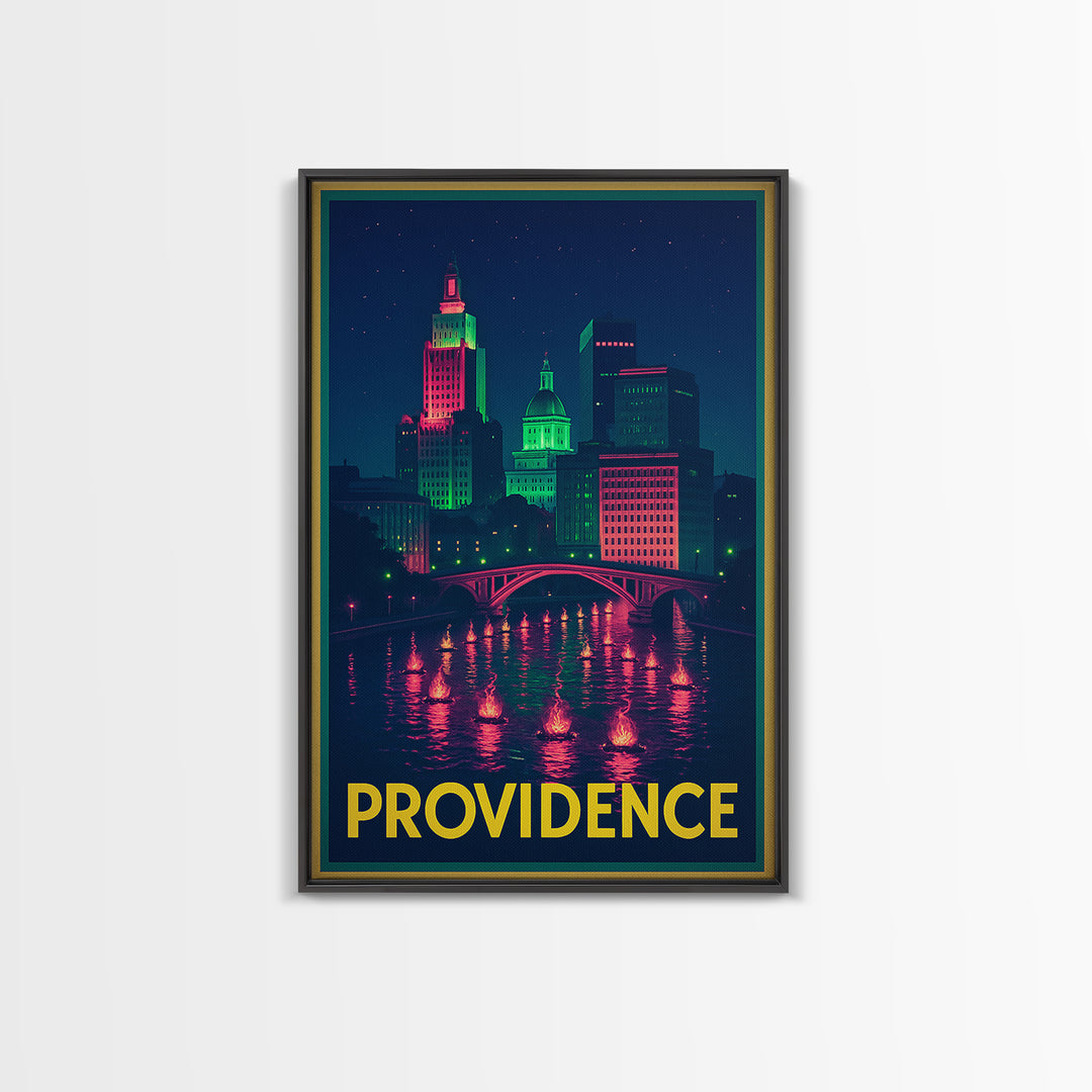 Providence Rhode Island Travel Poster, Canvas Print, Retro Neon Travel Art, Providence Travel Art, Travel Art Print, Vintage Travel Print