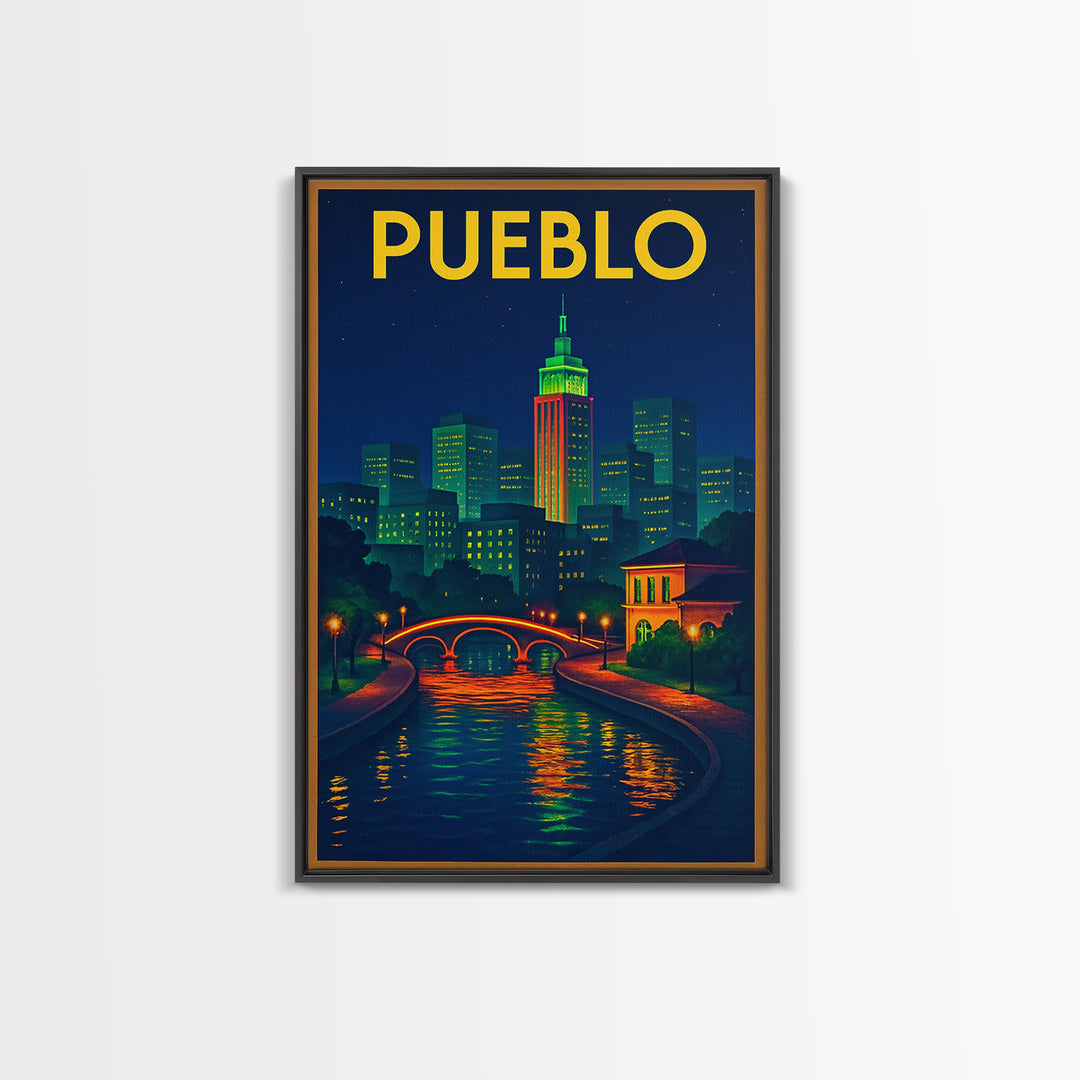 Pueblo Travel Poster, Canvas Print, Retro Neon Travel Art, Pueblo Wall Art, Travel Art Print, Travel Poster Art, Eclectic Wall Decor