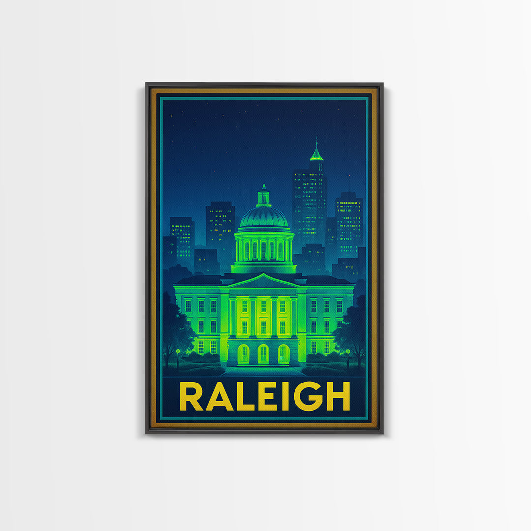 Raleigh North Carolina Travel Poster, Canvas Print, Electric Night Poster Art, Raleigh City Art, Vintage City Art, Travel Art, City Poster